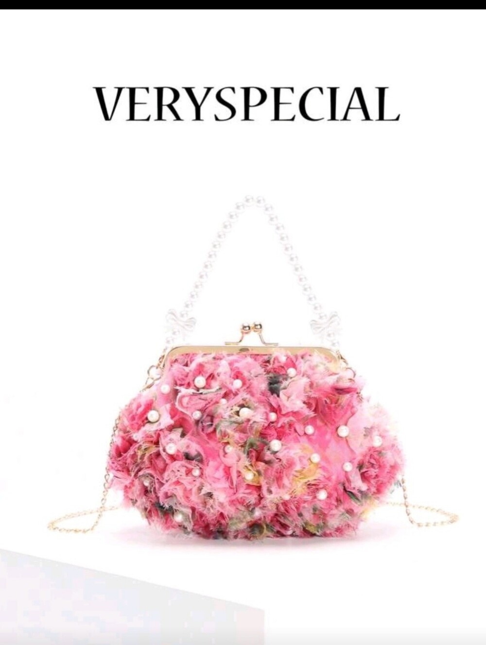 VERY SPECIAL Pink Floral Pearl-Accent Clutch with Gold Chain